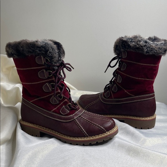Burgundy Red Lace Up Zip Winter Boots Faux Fur Leather Suede 9 - Picture 2 of 8